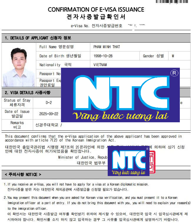 THẠC SỸ  HÀN QUỐC VISA D2-3  NTC