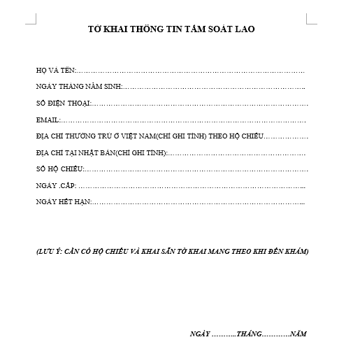 TỜ KHAI ĐI KHÁM LAO NHẬT BẢN