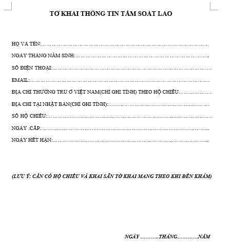 TỜ KHAI THÔNG TIN KHI ĐI KHÁM LAO